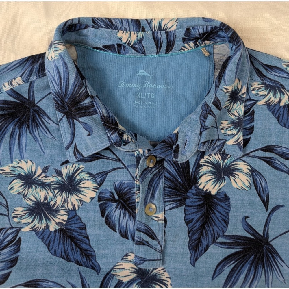 Tommy Bahama Mens XL Blue Floral Tropical Polo Shirt Cotton Stretch - Picture 4 of 11